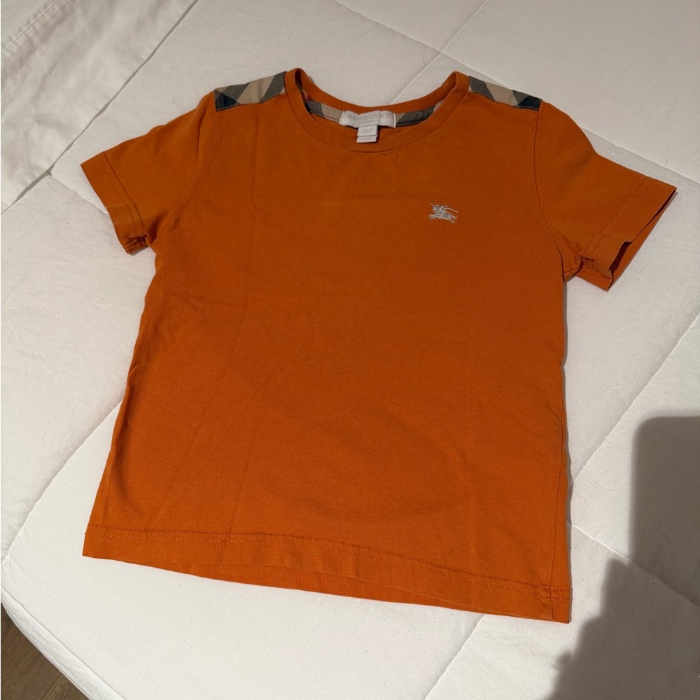 Burberry Orange Short Sleeve Logo Tee with Check Shoulder Trim